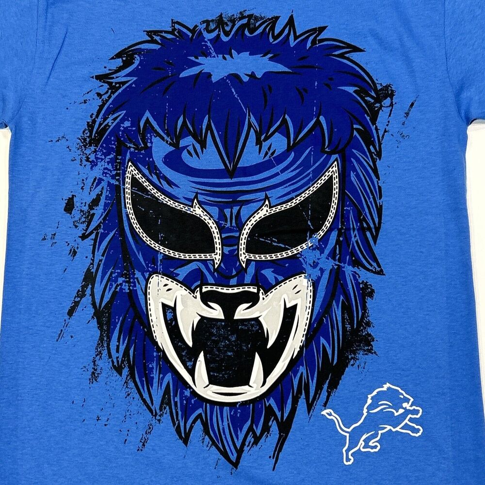 Detroit Lions Shirt Adult Small Blue NFL Football Logo Mask Tee Men - Picture 2 of 12